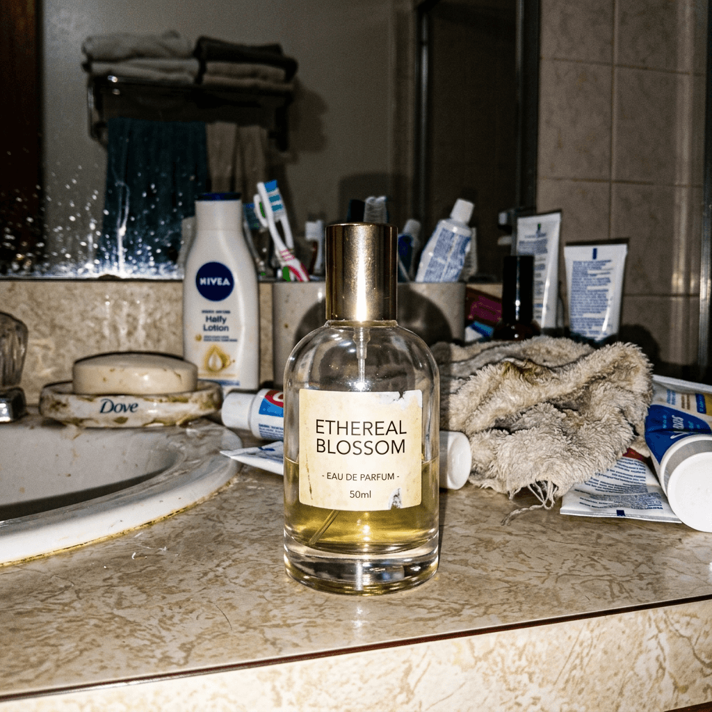 Foto amadora de perfume no banheiro